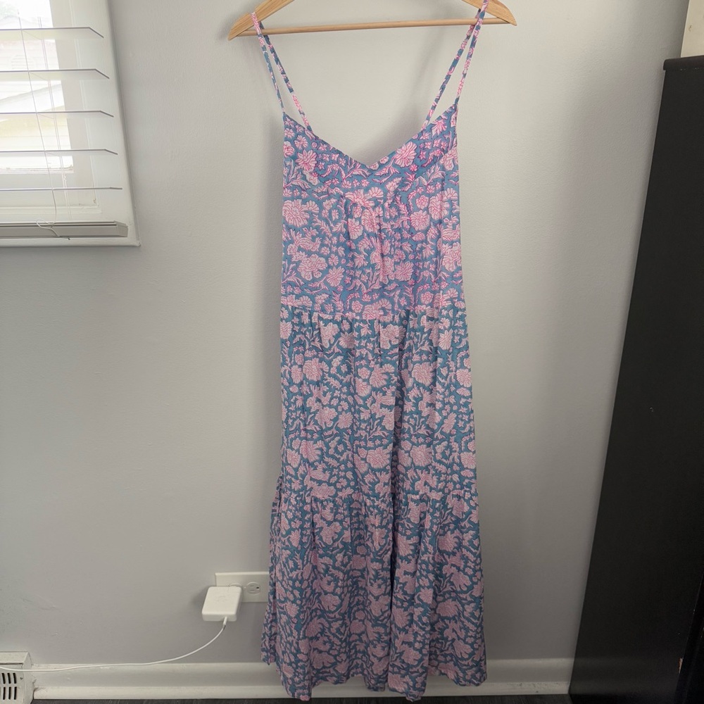SZ‎ Blockprints Large Tiered Dress Cami Halter Cottage Floral Lightweight Blue